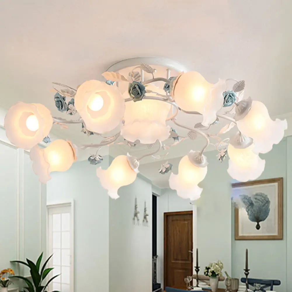 DecorBites™ DecorBites™ Frosted Glass Bud Semi Flush Chandelier in Pink/Blue/Blue-White - Ceiling Mount Lamp for Countryside Dining Room - 3/5/9-Bulb Option