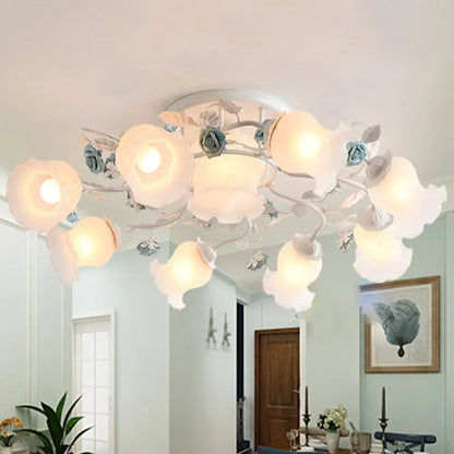 DecorBites™ DecorBites™ Frosted Glass Bud Semi Flush Chandelier in Pink/Blue/Blue-White - Ceiling Mount Lamp for Countryside Dining Room - 3/5/9-Bulb Option