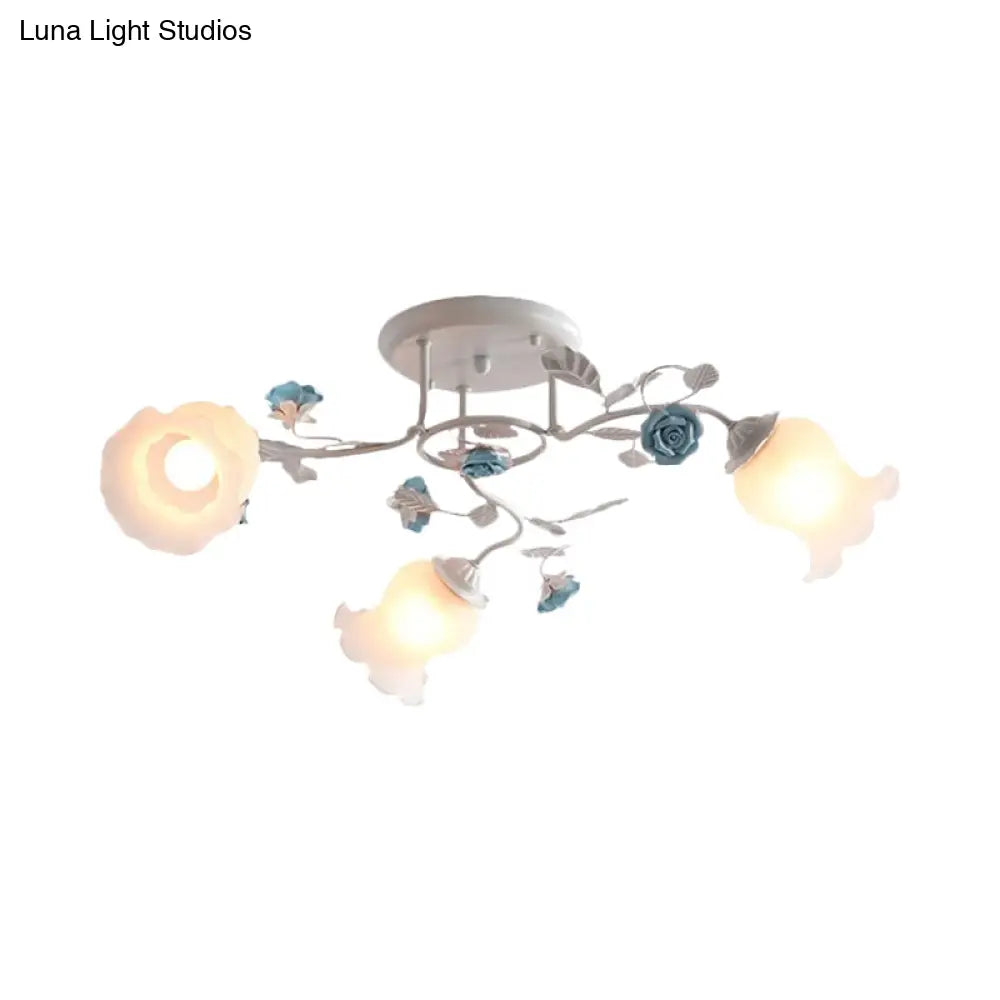 DecorBites™ DecorBites™ Frosted Glass Bud Semi Flush Chandelier in Pink/Blue/Blue-White - Ceiling Mount Lamp for Countryside Dining Room - 3/5/9-Bulb Option
