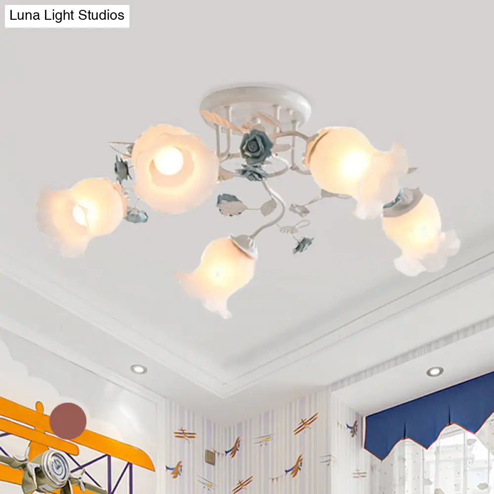 DecorBites™ DecorBites™ Frosted Glass Bud Semi Flush Chandelier in Pink/Blue/Blue-White - Ceiling Mount Lamp for Countryside Dining Room - 3/5/9-Bulb Option