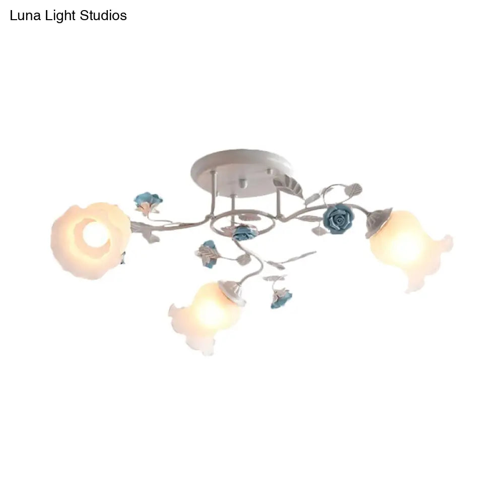 DecorBites™ DecorBites™ Frosted Glass Bud Semi Flush Chandelier in Pink/Blue/Blue-White - Ceiling Mount Lamp for Countryside Dining Room - 3/5/9-Bulb Option
