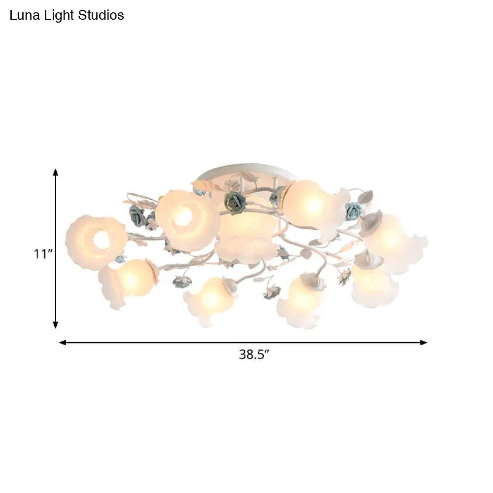 DecorBites™ DecorBites™ Frosted Glass Bud Semi Flush Chandelier in Pink/Blue/Blue-White - Ceiling Mount Lamp for Countryside Dining Room - 3/5/9-Bulb Option