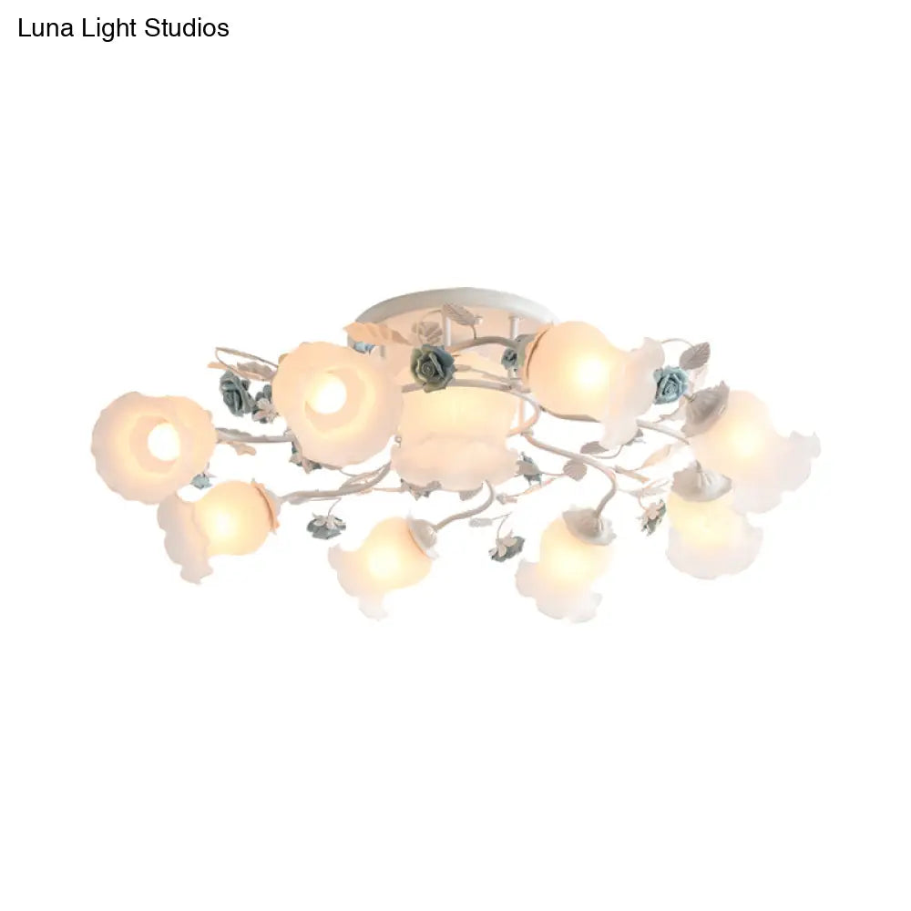 DecorBites™ DecorBites™ Frosted Glass Bud Semi Flush Chandelier in Pink/Blue/Blue-White - Ceiling Mount Lamp for Countryside Dining Room - 3/5/9-Bulb Option