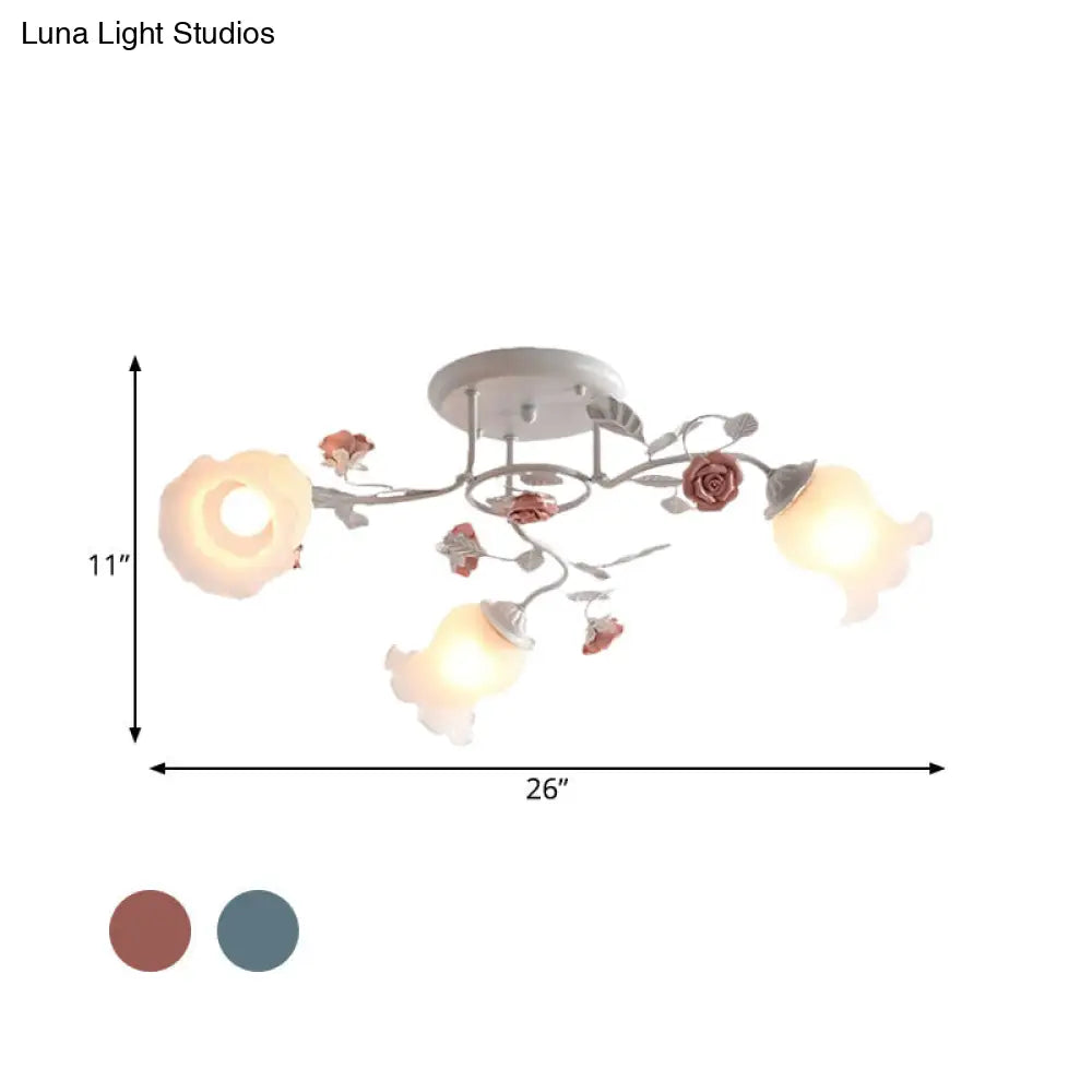 DecorBites™ DecorBites™ Frosted Glass Bud Semi Flush Chandelier in Pink/Blue/Blue-White - Ceiling Mount Lamp for Countryside Dining Room - 3/5/9-Bulb Option