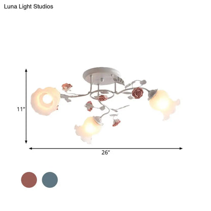 DecorBites™ DecorBites™ Frosted Glass Bud Semi Flush Chandelier in Pink/Blue/Blue-White - Ceiling Mount Lamp for Countryside Dining Room - 3/5/9-Bulb Option