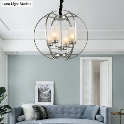 Lámpara colgante cilíndrica de cristal esmerilado - Araña contemporánea blanca de 4 luces con marco esférico