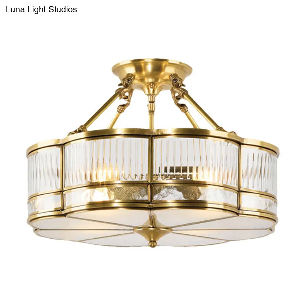 DecorBites™ DecorBites™ Frosted Glass Flower Semi Flush Mount Light with Brass Metal Frame - Colonial Style (3 Lights)