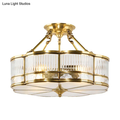 DecorBites™ DecorBites™ Frosted Glass Flower Semi Flush Mount Light with Brass Metal Frame - Colonial Style (3 Lights)