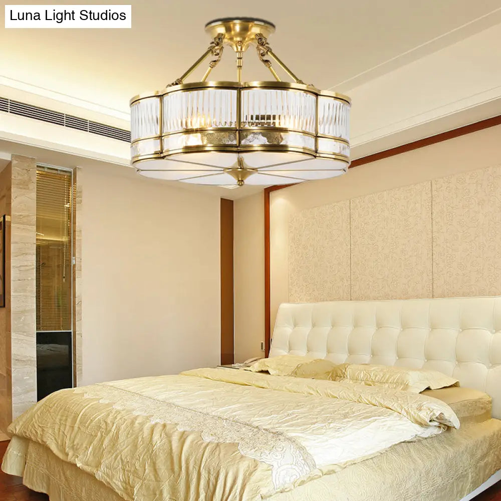 DecorBites™ DecorBites™ Frosted Glass Flower Semi Flush Mount Light with Brass Metal Frame - Colonial Style (3 Lights)