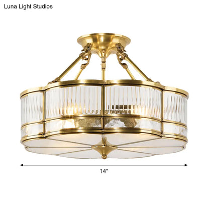 DecorBites™ DecorBites™ Frosted Glass Flower Semi Flush Mount Light with Brass Metal Frame - Colonial Style (3 Lights)