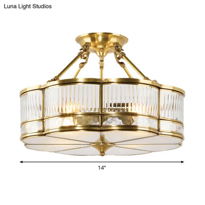 DecorBites™ DecorBites™ Frosted Glass Flower Semi Flush Mount Light with Brass Metal Frame - Colonial Style (3 Lights)