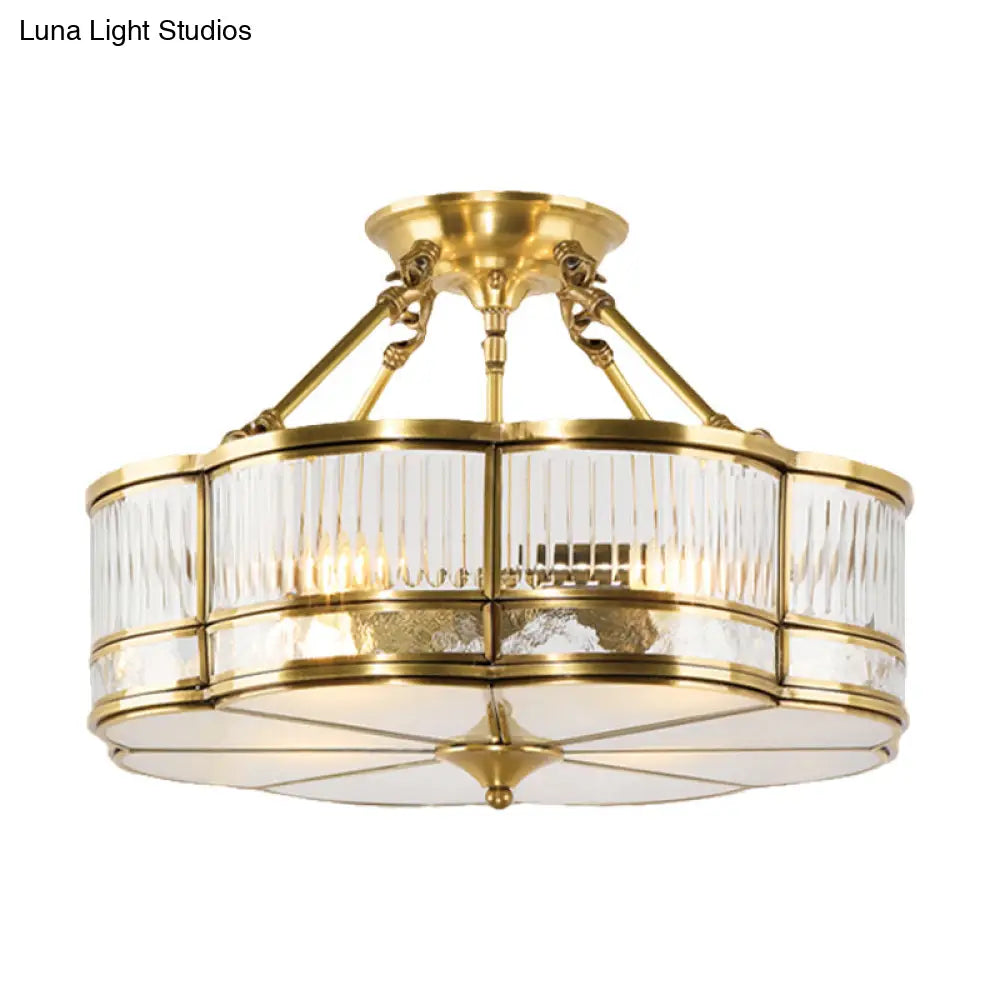 DecorBites™ DecorBites™ Frosted Glass Flower Semi Flush Mount Light with Brass Metal Frame - Colonial Style (3 Lights)