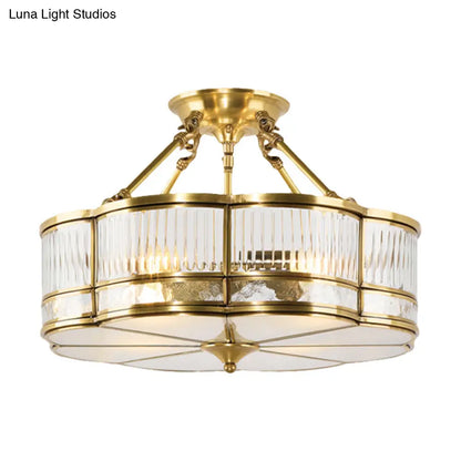 DecorBites™ DecorBites™ Frosted Glass Flower Semi Flush Mount Light with Brass Metal Frame - Colonial Style (3 Lights)