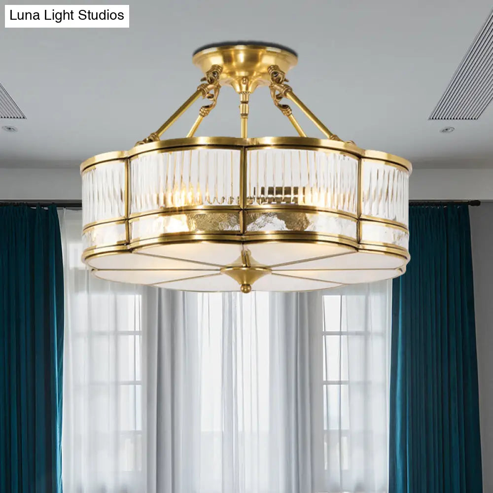 DecorBites™ DecorBites™ Frosted Glass Flower Semi Flush Mount Light with Brass Metal Frame - Colonial Style (3 Lights)