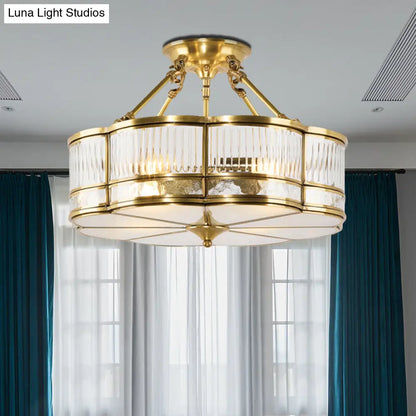 DecorBites™ DecorBites™ Frosted Glass Flower Semi Flush Mount Light with Brass Metal Frame - Colonial Style (3 Lights)