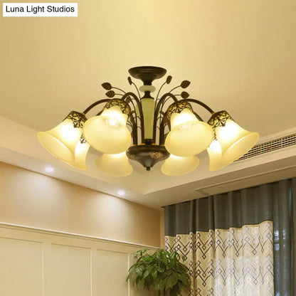 DecorBites™ DecorBites™ Frosted Glass Morning Glory Chandelier - Farmhouse Ceiling Pendant (3/6/8 Lights) in Black/White for Living Room