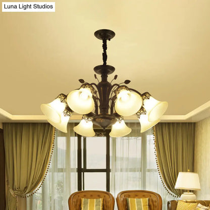 DecorBites™ DecorBites™ Frosted Glass Morning Glory Chandelier - Farmhouse Ceiling Pendant (3/6/8 Lights) in Black/White for Living Room