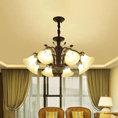 DecorBites™ DecorBites™ Frosted Glass Morning Glory Chandelier - Farmhouse Ceiling Pendant (3/6/8 Lights) in Black/White for Living Room