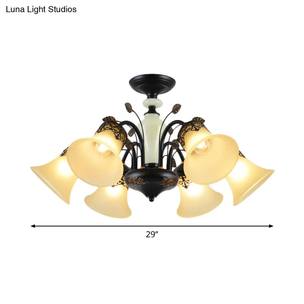 DecorBites™ DecorBites™ Frosted Glass Morning Glory Chandelier - Farmhouse Ceiling Pendant (3/6/8 Lights) in Black/White for Living Room