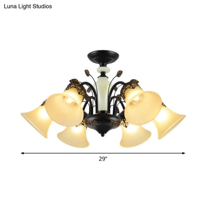 DecorBites™ DecorBites™ Frosted Glass Morning Glory Chandelier - Farmhouse Ceiling Pendant (3/6/8 Lights) in Black/White for Living Room