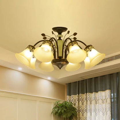 DecorBites™ DecorBites™ Frosted Glass Morning Glory Chandelier - Farmhouse Ceiling Pendant (3/6/8 Lights) in Black/White for Living Room