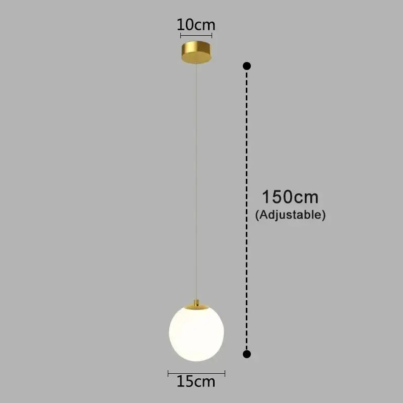 Gold-finished glass pendant light with frosted globe and 150cm adjustable hanging length for dining room use