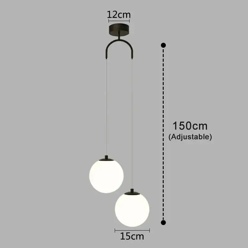 Black metal pendant light with two frosted glass spherical globes for dining room glass pendant light design