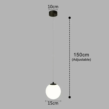 Frosted glass pendant light in brass and black with a sleek spherical design and adjustable 150cm hanging length for dining room