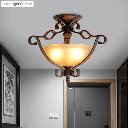 Frosted Glass Rustic Semi Flush LED Bedroom Light in Bronze