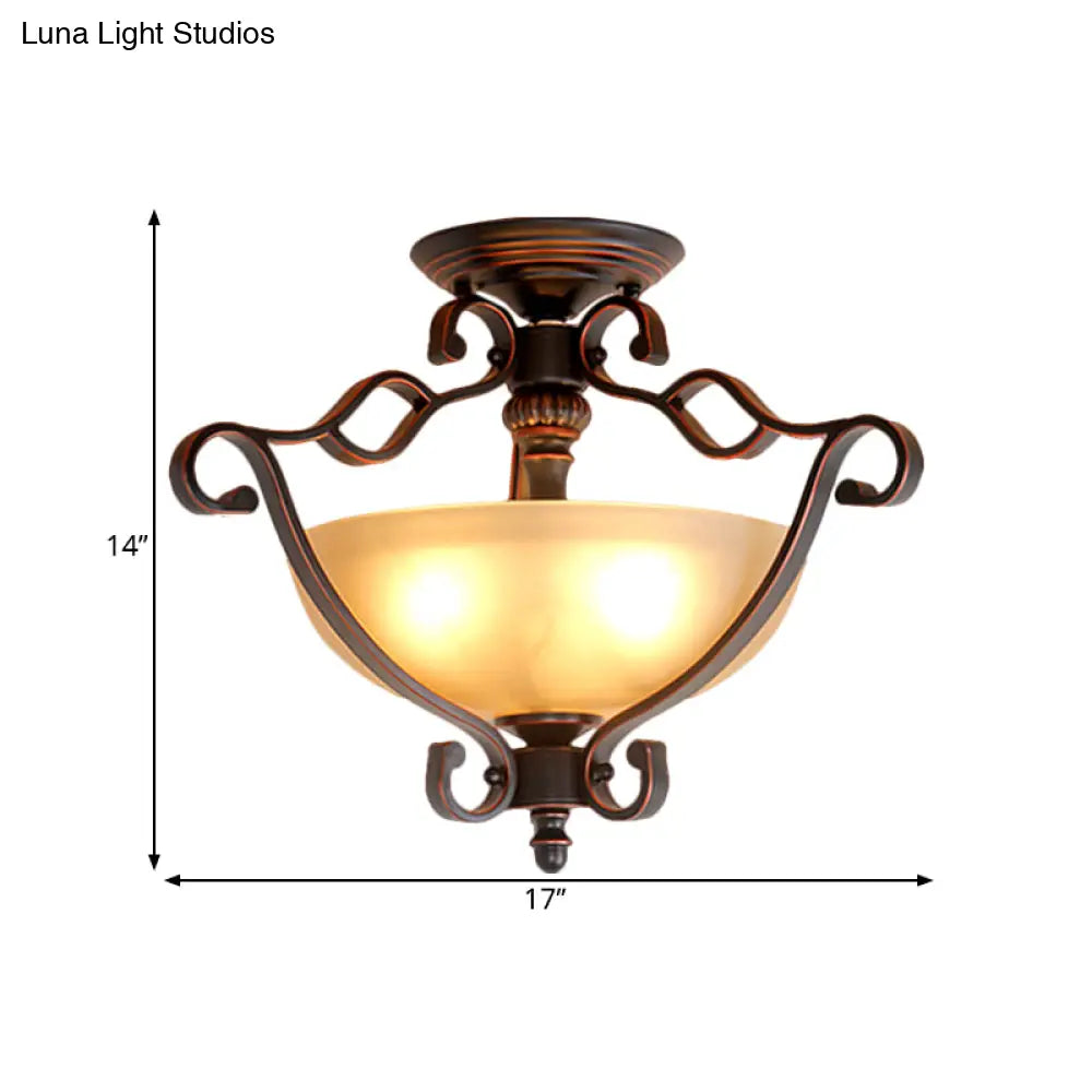 Frosted Glass Rustic Semi Flush LED Bedroom Light in Bronze