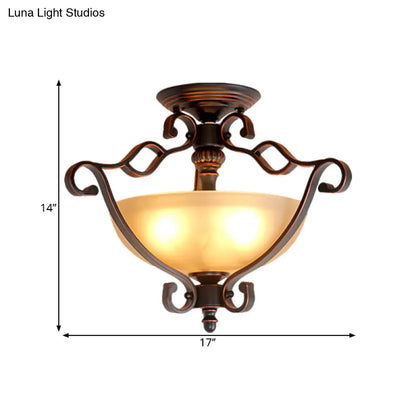 Frosted Glass Rustic Semi Flush LED Bedroom Light in Bronze