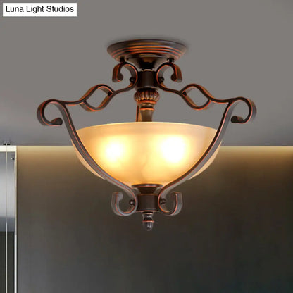 Frosted Glass Rustic Semi Flush LED Bedroom Light in Bronze