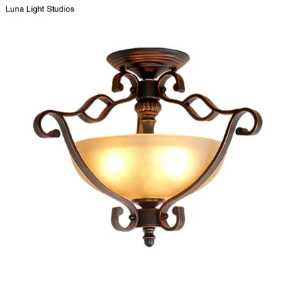 Frosted Glass Rustic Semi Flush LED Bedroom Light in Bronze