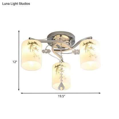 DecorBites™ DecorBites™ Frosted Glass Semi-Flush Ceiling Light with Chrome Finish - 3 Lights, Minimal Cylindrical Design for Bedroom Flushmount - Bamboo Pattern