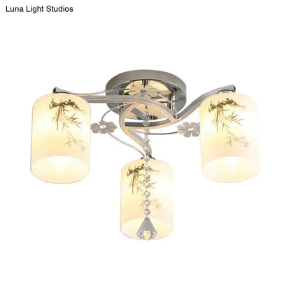 DecorBites™ DecorBites™ Frosted Glass Semi-Flush Ceiling Light with Chrome Finish - 3 Lights, Minimal Cylindrical Design for Bedroom Flushmount - Bamboo Pattern