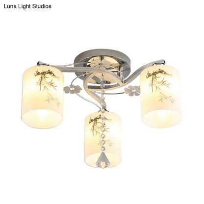 DecorBites™ DecorBites™ Frosted Glass Semi-Flush Ceiling Light with Chrome Finish - 3 Lights, Minimal Cylindrical Design for Bedroom Flushmount - Bamboo Pattern