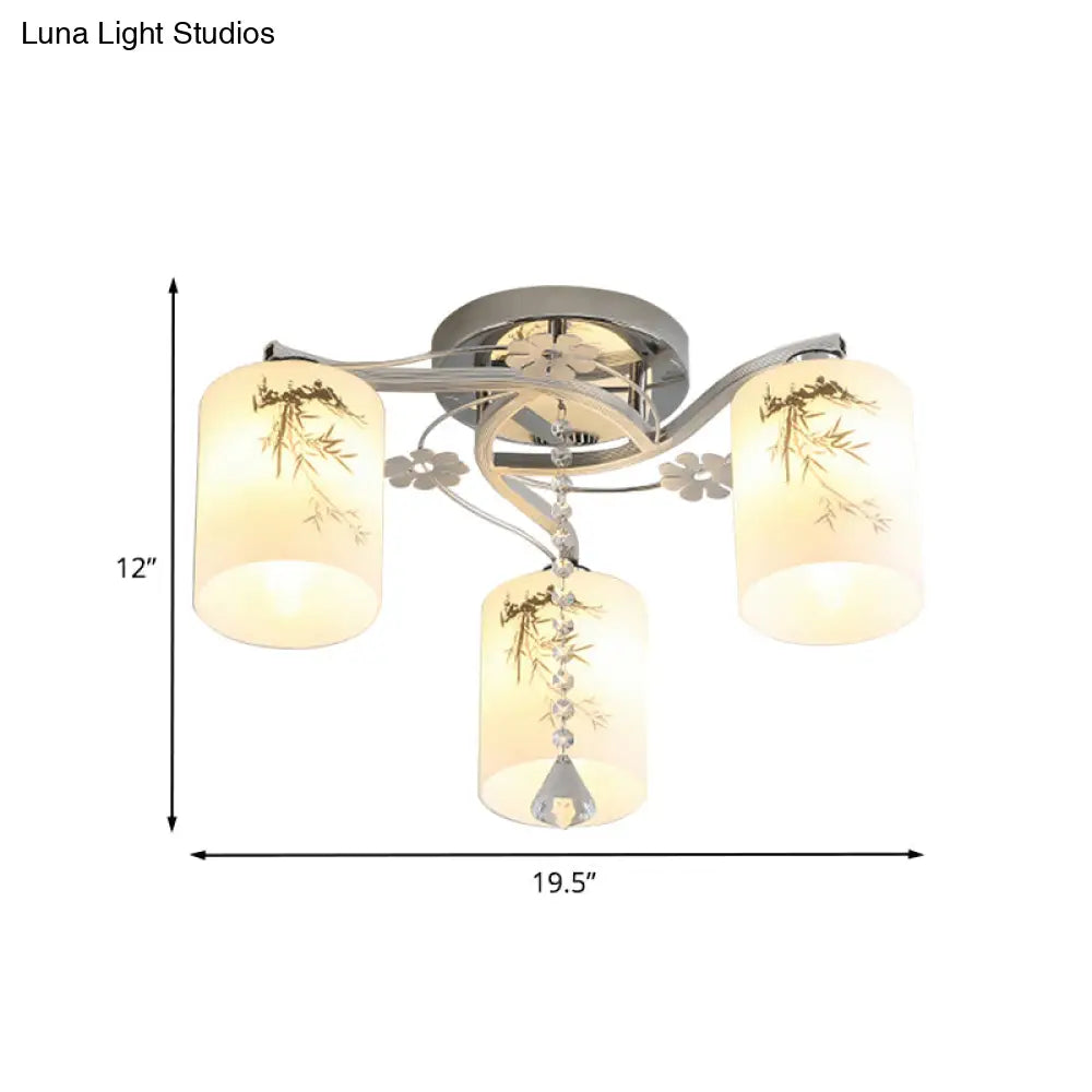 DecorBites™ DecorBites™ Frosted Glass Semi-Flush Ceiling Light with Chrome Finish - 3 Lights, Minimal Cylindrical Design for Bedroom Flushmount - Bamboo Pattern