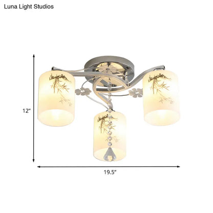 DecorBites™ DecorBites™ Frosted Glass Semi-Flush Ceiling Light with Chrome Finish - 3 Lights, Minimal Cylindrical Design for Bedroom Flushmount - Bamboo Pattern