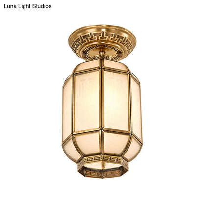 Frosted Glass Semi Flush Mount Lantern Lighting - Classic Brass 1-Light Fixture for Corridors