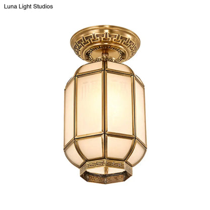 Frosted Glass Semi Flush Mount Lantern Lighting - Classic Brass 1-Light Fixture for Corridors