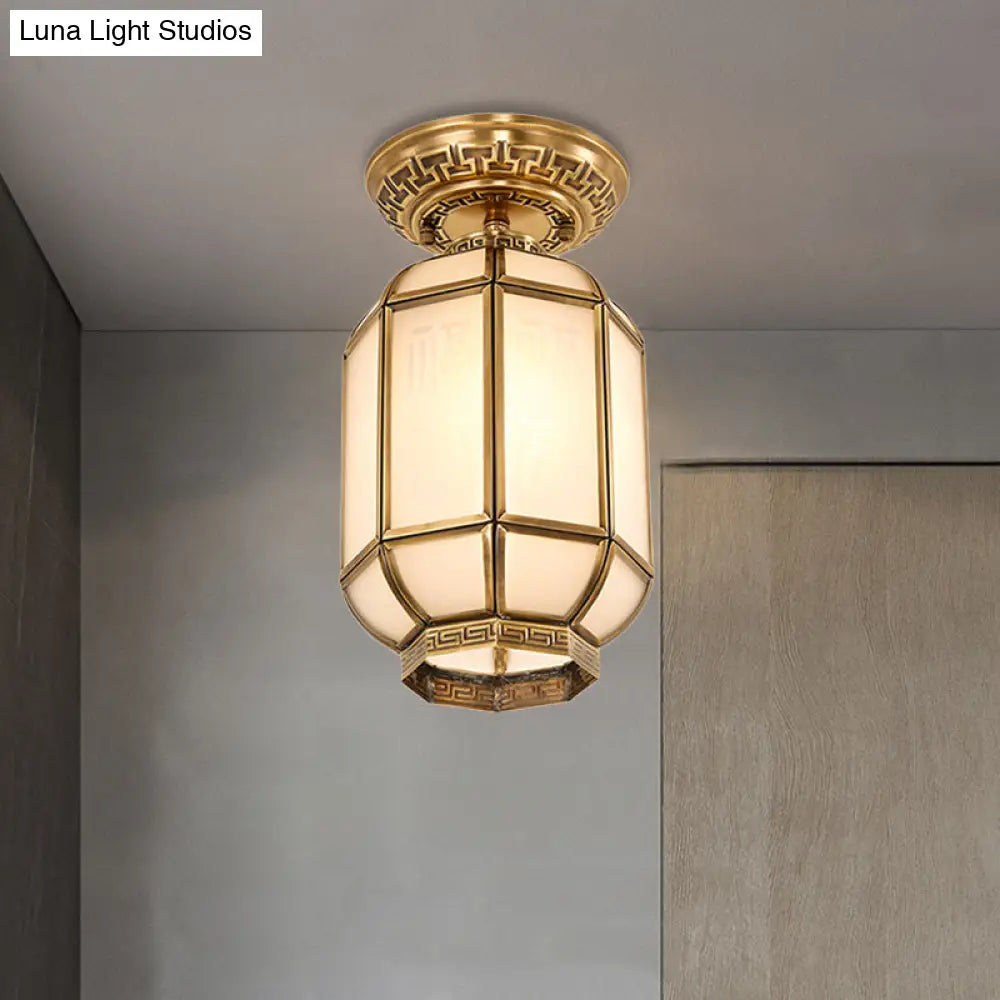 Frosted Glass Semi Flush Mount Lantern Lighting - Classic Brass 1-Light Fixture for Corridors