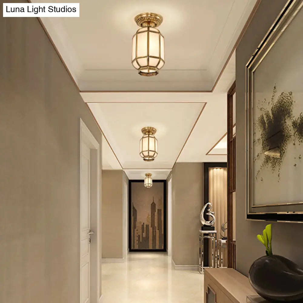 Frosted Glass Semi Flush Mount Lantern Lighting - Classic Brass 1-Light Fixture for Corridors