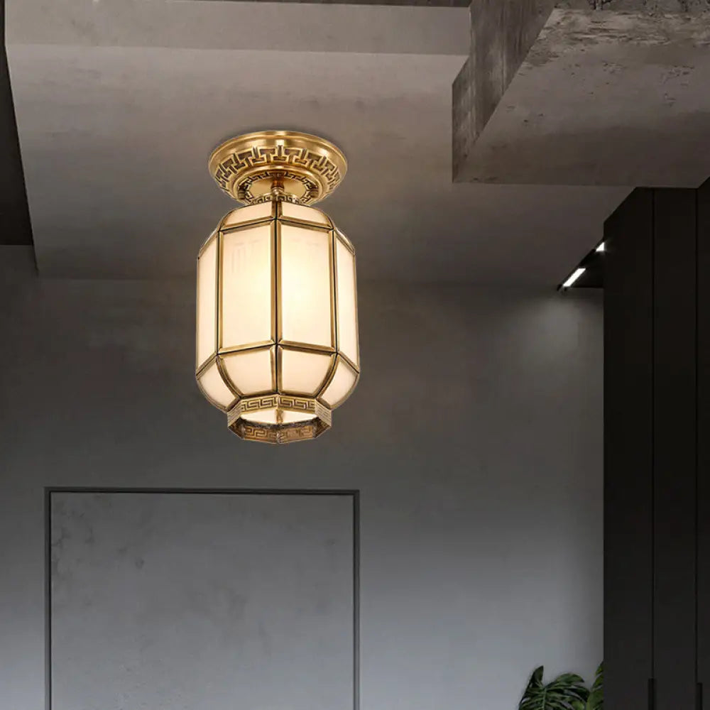 Frosted Glass Semi Flush Mount Lantern Lighting - Classic Brass 1-Light Fixture for Corridors