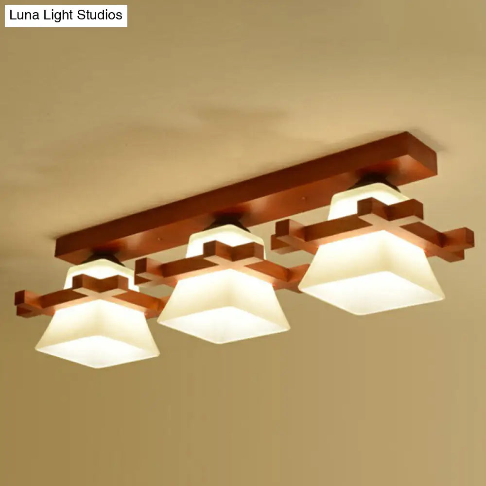 DecorBites™ DecorBites™ Frosted Glass Semi-Mounted Flush Ceiling Light with Nordic Coffee Finish and Wooden Frame - Pagoda Shape