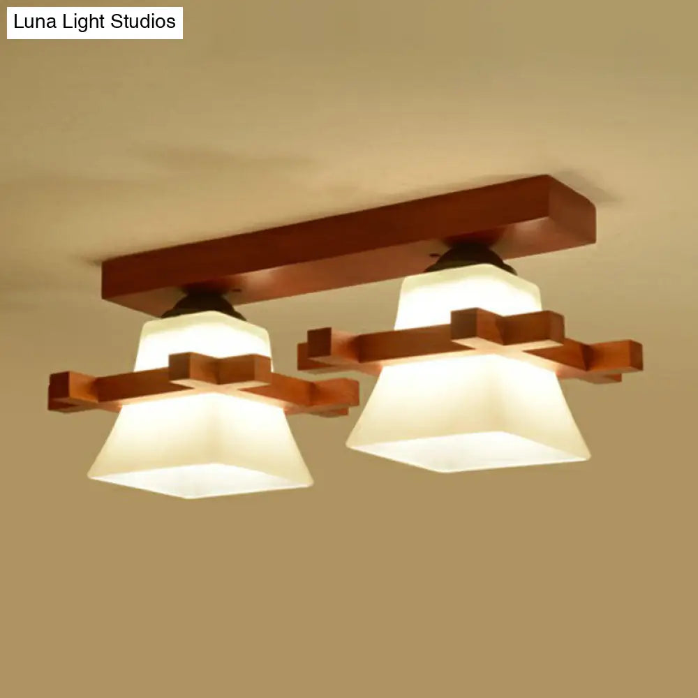 DecorBites™ DecorBites™ Frosted Glass Semi-Mounted Flush Ceiling Light with Nordic Coffee Finish and Wooden Frame - Pagoda Shape