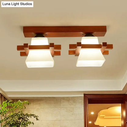 DecorBites™ DecorBites™ Frosted Glass Semi-Mounted Flush Ceiling Light with Nordic Coffee Finish and Wooden Frame - Pagoda Shape