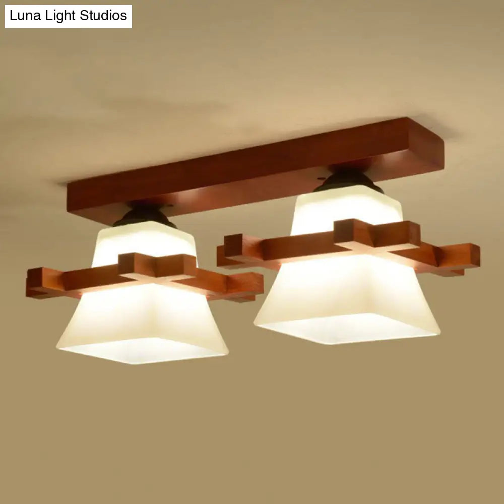 DecorBites™ DecorBites™ Frosted Glass Semi-Mounted Flush Ceiling Light with Nordic Coffee Finish and Wooden Frame - Pagoda Shape