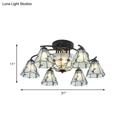 Frosted Glass Tiffany Style Ceiling Light Fixture - White/Yellow/Blue Semi-Flush Mount - Domed/Cone/Bell Design - 9/11 Lights - Ideal for Living Room