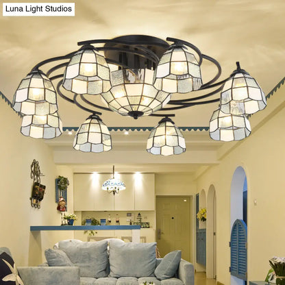 Frosted Glass Tiffany Style Ceiling Light Fixture - White/Yellow/Blue Semi-Flush Mount - Domed/Cone/Bell Design - 9/11 Lights - Ideal for Living Room