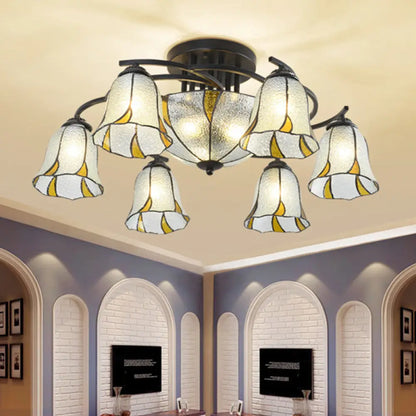 DecorBites™ DecorBites™ Frosted Glass Tiffany Style Ceiling Light Fixture - White/Yellow/Blue Semi-Flush Mount - Domed/Cone/Bell Design - 9/11 Lights - Ideal for Living Room
